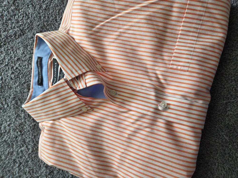Paul Fredrick Comfort Stretch Non-Iron Orange White Stripe Dress Shirt With Cont - Picture 11 of 12